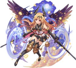  armor artist_request bare_shoulders belt black_footwear black_gloves black_hairband black_shirt black_skirt black_thighhighs blonde_hair blush boots breasts closed_mouth cloud dark_angel_olivia dragon dual_wielding elbow_gloves feathered_wings female flying full_body full_moon gloves gradient_hair granblue_fantasy hairband highres holding holding_sword holding_weapon horns knee_pads knees_together_feet_apart light_blush light_particles long_hair looking_to_the_side medium_breasts miniskirt moon multicolored_hair night non-web_source official_art orange_hair pleated_skirt purple_wings red_eyes shirt sidelocks skirt sleeveless sleeveless_shirt solo sword thigh_boots thighhighs transparent transparent_background two-tone_hair v-shaped_eyebrows very_long_hair weapon wings world_flipper zettai_ryouiki 