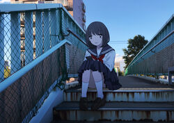  absurdres bad_id bad_pixiv_id black_hair bob_cut commentary female full_body grey_eyes highres looking_at_phone original outdoors phone photo_background school_uniform serafuku shoes sitting sitting_on_stairs skirt solo stairs tears tsuzuki_amy white_legwear 