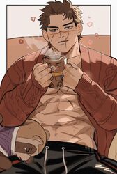  &gt;_&lt; 1boy abs absurdres animalization bara black_hair black_pants blush brown_sweater cardigan character_doll cup golden_kamuy happy_aura highres holding holding_cup large_pectorals male_focus muscular muscular_male navel open_cardigan open_clothes pants pectorals scar scar_on_cheek scar_on_face scar_on_mouth scar_on_nose shiraishi_yoshitake short_hair sitting solo sugimoto_saichi sweater tearing_up ton_(ton19130318) 