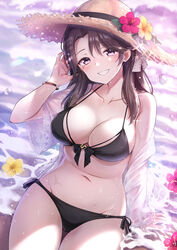  bikini black_bikini breasts brown_eyes brown_hair cleavage cowboy_shot female flower front-tie_top hair_flower hair_ornament hat hibiscus highres kai_(ootamuno12) large_breasts looking_at_viewer mokuroku open_clothes open_shirt parted_lips see-through see-through_shirt shirt side-tie_bikini_bottom smile solo straw_hat sun_hat swimsuit urushizaka_esu virtual_youtuber 