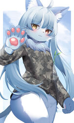  2023 5_fingers absurd_res ahoge anthro blue_body blue_fur blush bottomless bottomless_anthro bottomless_male camo camo_clothing camo_print claws clothed clothing digital_media_(artwork) domestic_cat felid feline felis femboy finger_claws fingers fluffy fur gesture hair heterochromia hi_res jacket japan_air_self-defense_force kemono kemonoyou long_hair looking_at_viewer male male_anthro mammal multicolored_body multicolored_fur neck_tuft omaneko_(jasdf) pattern_clothing pawpads portrait red_eyes solo tail three-quarter_portrait topwear tuft two_tone_body two_tone_fur waving waving_at_viewer white_body white_fur yellow_eyes 