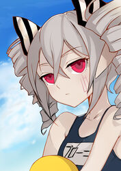  absurdres bare_shoulders blue_sky bronya_zaychik bronya_zaychik_(black_nucleus) closed_mouth cloud cloudy_sky drill_hair female grey_hair hair_between_eyes highres honkai_(series) honkai_impact_3rd kootee-on looking_at_viewer one-piece_swimsuit pale_skin red_eyes school_swimsuit school_uniform sky solo swimsuit twin_drills 