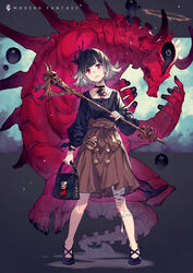  bag bandages black_hair choker commentary_request facing_viewer female handbag highres kusano_shinta monster multicolored_hair original red_eyes short_hair skirt solo staff two-tone_hair watch 