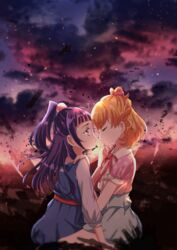  2girls asahina_mirai blonde_hair blue_dress bow braid closed_eyes cloud cloudy_sky dress floating_hair french_braid grey_skirt hairbow high_ponytail izayoi_liko kononkono long_hair long_sleeves mahou_girls_precure! miniskirt multiple_girls neck_ribbon open_mouth outdoors pinafore_dress pink_bow pink_ribbon precure profile purple_hair red_eyes ribbon shirt short_sleeves skirt sky sleeveless sleeveless_dress very_long_hair white_shirt yuri 