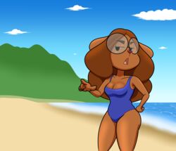  absurd_res anne_(crayzee609) anthro beach bird_dog canid canine canis clothing cocker_spaniel domestic_dog eyewear female glasses hi_res hunting_dog mammal marcodile one-piece_swimsuit seaside simple_background slim solo spaniel swimwear 