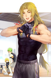  3boys :d ^_^ achilles_(fate) armband bad_id bad_pixiv_id barbell black_gloves black_shirt blonde_hair ceiling changye chiron_(fate) closed_eyes cowboy_shot cracking_knuckles exhausted facing_viewer fate/grand_order fate_(series) gloves green_hair grey_shorts gym gym_shorts jason_(fate) letterboxed long_hair looking_back low-tied_long_hair male_focus multiple_boys muscular muscular_male open_mouth outside_border shirt short_hair shorts sitting sleeveless sleeveless_turtleneck smile solo_focus standing sweatdrop teacher_and_student teeth tight_clothes tight_shirt turtleneck upper_teeth_only white_footwear window 