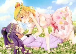  2girls :d asahina_mirai black_bow black_neckwear blonde_hair blue_sky bow clothing_cutout cloud collarbone day dress eye_contact field flower flower_field hair_flower hair_ornament hairbow head_wreath high_ponytail izayoi_liko kononkono long_hair looking_at_another mahou_girls_precure! medium_hair multiple_girls one_side_up open_mouth outdoors pink_bow pink_dress precure purple_dress purple_eyes purple_hair red_bow short_dress short_sleeves shoulder_cutout sky smile sundress very_long_hair white_flower yuri 