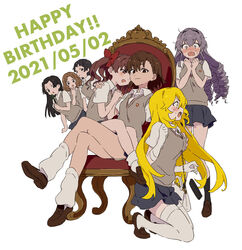  2021 6+girls :d :o arm_around_shoulder assertive_female awatsuki_maaya bag black_eyes black_hair black_skirt blonde_hair blush bob_cut breasts bright_pupils brown_eyes brown_footwear brown_hair brown_shorts brown_sweater_vest chair clenched_hand commentary_request crossed_legs doyagao drill_hair folding_fan full-face_blush full_body gekota grabbing grabbing_another&#039;s_breast grey_eyes grey_hair groping hand_fan hand_on_another&#039;s_head hand_to_own_mouth hand_up handbag hands_on_own_chest happy_birthday heart heart-shaped_pupils highres hokaze_junko holding holding_bag holding_fan kneeling kongou_mitsuko large_breasts light_smile loafers long_hair loose_hair_strand loose_socks medium_breasts medium_hair messy_hair misaka_mikoto multiple_girls open_mouth own_hands_clasped own_hands_together parted_bangs pleated_skirt purple_hair raised_eyebrows revision sanpaku school_uniform shadow shirai_kuroko shoes shokuhou_misaki shorts shorts_under_skirt simple_background sitting sitting_on_lap sitting_on_person skirt smile smug socks sparkling_eyes standing star-shaped_pupils star_(symbol) summer_uniform surprised sweatdrop sweater_vest swept_bangs symbol-shaped_pupils teruya_(6w6y) thighhighs thighs throne toaru_kagaku_no_railgun toaru_majutsu_no_index tokiwadai_school_uniform twintails very_long_hair wannai_kinuho white_background white_socks yellow_eyes yellow_pupils yuri zettai_ryouiki 