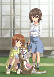  3girls animal black_socks blue_skirt brown_eyes brown_hair building canine casual closed_mouth commentary_request cross-laced_footwear day dress girls_und_panzer grass grey_legwear hand_on_own_arm head_tilt highres holding holding_animal holding_leash leash light_frown long_hair looking_at_viewer medium_dress medium_skirt mother_and_daughter multiple_girls nishizumi_maho nishizumi_miho nishizumi_shiho outdoors peeking_out shadow shiba_inu shirt shoes short_hair shouji siblings sisters skirt sliding_doors smile sneakers socks squatting standing striped_clothes striped_shirt textless_version white_shirt yellow_dress zummy 