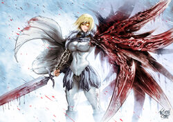  armor artist_name blonde_hair blood blood_on_weapon boots breasts cape clare_(claymore) claymore_(series) commentary covered_navel curvy english_commentary female frown glowing glowing_eye hip_armor holding holding_sword holding_weapon large_breasts medium_hair serious shoulder_armor signature solo sword the_golden_smurf thick_thighs thighs transformation weapon white_cape yellow_eyes 