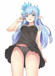  bare_arms bare_shoulders black_dress black_panties blue_eyes blue_hair blush breasts cameltoe crystal dress erin_(granblue_fantasy) female from_below granblue_fantasy groin hand_up highres long_hair looking_at_viewer looking_down md5_mismatch open_mouth panties pointy_ears rasahan revision simple_background sleeveless sleeveless_dress small_breasts solo underwear very_long_hair white_background 