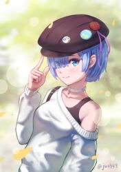  alternate_costume black_bra black_hat blue_eyes blue_hair blurry blurry_background blush bra breasts cabbie_hat casual choker closed_mouth collarbone commentary day depth_of_field eyes_visible_through_hair female finger_to_headwear hair_ornament hair_over_one_eye hairclip hat index_finger_raised lens_flare long_sleeves nzz off_shoulder outdoors petals plaid re:zero_kara_hajimeru_isekai_seikatsu rem_(re:zero) short_hair single_bare_shoulder small_breasts smile solo triangle twitter_username underwear upper_body white_choker 