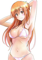  arm_behind_head armpits arms_up asuna_(sao) bad_id bad_pixiv_id bikini blonde_hair blush breasts brown_eyes cleavage closed_mouth collarbone covered_nipples female hair_between_eyes highres long_hair medium_breasts navel pink_bikini shiny_skin sideboob simple_background smile solo standing swimsuit sword_art_online tina_(pixiv37050289) underboob very_long_hair white_background 