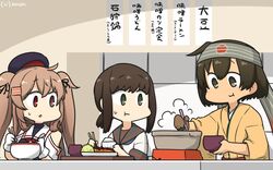  3girls asymmetrical_clothes black_eyes black_hair black_serafuku bowl brown_eyes brown_hair chopsticks commentary_request dated eating fubuki_(kancolle) fubuki_kai_ni_(kancolle) gloves green_eyes hair_flaps hamu_koutarou headband heterochromia highres hiryuu_(kancolle) hiryuu_kai_ni_(kancolle) jewelry kantai_collection light_brown_hair long_hair low_ponytail multiple_girls murasame_(kancolle) murasame_kai_ni_(kancolle) one-hour_drawing_challenge ponytail pot red_eyes rice_bowl ring school_uniform serafuku short_hair short_ponytail sidelocks sign tan translated two_side_up upper_body wedding_ring white_gloves 