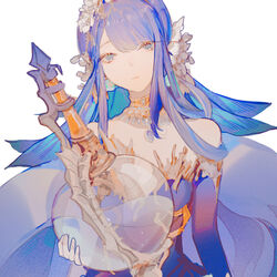  blue_eyes blue_hair bottle breasts chinese_commentary choker cleavage closed_mouth commentary earrings elbow_gloves expressionless female fins flower gloves hair_flower hair_ornament headdress highres holding jewelry large_breasts long_hair looking_at_viewer low_ponytail necklace ningyo_hime_(sinoalice) pearl_necklace potion senryoko sidelocks simple_background sinoalice white_background 