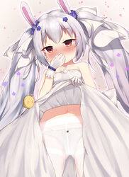  animal animal_ears ass_visible_through_thighs azur_lane bare_shoulders bird blush bow bow_panties breasts chick clothes_lift collarbone commentary covering_own_mouth dress dress_lift female flower gloves grey_hair hair_between_eyes hair_flower hair_ornament hair_ribbon highres irokari jewelry laffey_(azur_lane) laffey_(white_rabbit&#039;s_oath)_(azur_lane) lifting_own_clothes long_hair manjuu_(azur_lane) navel nose_blush official_alternate_costume panties panties_under_pantyhose pantyhose petals purple_flower rabbit_ears red_eyes revision ribbon ring small_breasts solo thighband_pantyhose twintails underwear very_long_hair wedding_dress wedding_ring white_dress white_gloves white_panties white_pantyhose white_ribbon 