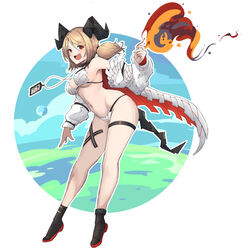  alternate_breast_size ankleband arknights black_footwear blonde_hair bra breasts commentary demon_girl demon_horns demon_tail dmt_(auburn) female fire full_body highres horns id_card ifrit_(arknights) infection_monitor_(arknights) jacket large_breasts looking_at_viewer medium_hair midriff navel off_shoulder open_mouth originium_arts_(arknights) panties red_eyes short_twintails solo tail thigh_strap twintails underwear white_bra white_jacket white_panties 