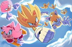  3boys absurdres amy_rose animal_ears animal_nose bird blonde_hair blue_sky bluearcher69 clenched_hand clenched_hands clenched_teeth cloud commentary dress english_commentary female fox_ears furry furry_female furry_male gloves grin hairband hammer highres holding holding_hammer holding_weapon knuckles_the_echidna looking_at_viewer multiple_boys open_mouth outdoors pink_hair red_dress red_eyes red_hairband sky smile smug sonic_(series) sonic_the_hedgehog spiked_hair sun super_amy_rose super_knuckles super_sonic super_tails tails_(sonic) teeth toy_hammer weapon white_gloves 