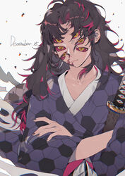  1boy absurdres black_nails blue_kimono brown_hair chinese_commentary closed_mouth collarbone colored_sclera commentary_request crossed_arms dated debris extra_eyes facial_mark highres japanese_clothes katana kimetsu_no_yaiba kimono kokushibou long_hair long_sleeves male_focus pink_sclera simple_background solo sword taowu_(20809) text_in_eyes upper_body weapon white_background yellow_eyes 