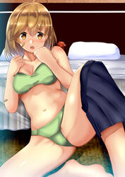  absurdres bandaid bandaid_on_face bed blue_skirt bra brown_eyes brown_hair crab_on_shoulder female green_bra green_panties highres himura_moritaka kantai_collection looking_at_viewer oboro_(kancolle) panties pillow short_hair sitting skirt skirt_around_one_leg solo underwear 