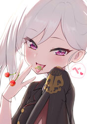  black_jacket blue_archive blush cherry cherry_stem_knot clothes_writing commentary_request eyelashes female food fruit hand_up highres jacket long_hair looking_at_viewer mutsuki_(blue_archive) purple_eyes roman_numeral simple_background smile solo tongue tongue_out translated tsurime upper_body ushimittsu white_background white_hair 