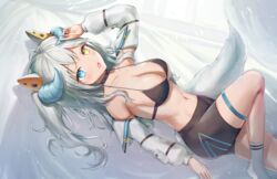  :o bangs bare_shoulders bikini bikini_top_only black_bikini blue_eyes blush breasts cleavage female green_hair hand_up heterochromia highres horns knee_up large_breasts long_sleeves lying navel off_shoulder on_back open_mouth original sauvignon socks swimsuit tail thigh_strap thighs white_socks yellow_eyes 