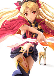  antelope black_dress black_thighhighs blonde_hair breasts cape dress earrings ereshkigal_(fate) fate/grand_order fate_(series) female gazelle gold_trim hair_ribbon highres hood hooded_cape hoop_earrings jewelry long_hair looking_at_viewer medium_breasts meslamtaea_(weapon) parted_bangs red_eyes ribbon short_dress single_sleeve single_thighhigh skull smile solo spine thighhighs thighs tiara two_side_up weapon yamaneko_(tkdrumsco) 