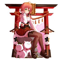  35p_(sakura_miko) absurdres ahoge black_footwear blush cherry_blossom_print cherry_blossoms feline female floral_print full_body green_eyes highres hololive natsuki_(digretking) official_alternate_costume pink_hair sakura_miko sakura_miko_(casual) shoes sitting skirt thighhighs torii virtual_youtuber 