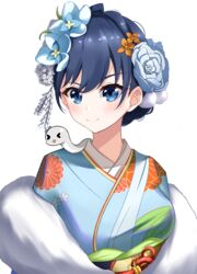  &gt;_&lt; :3 :d absurdres animal animal_on_shoulder blue_eyes blue_flower blue_hair blue_rose boros_(ouro_kronii) bow breasts commentary eyelashes female floral_print flower fur_trim hair_between_eyes hair_flower hair_ornament hairbow highres hololive hololive_english japanese_clothes kimono official_alternate_costume on_shoulder ouro_kronii ouro_kronii_(new_year) riki_yuzu rope rose shadow short_hair sidelocks simple_background smile snake solo split_mouth upper_body virtual_youtuber white_background white_snake xd 