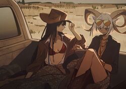  2girls alternate_costume animal_ears animal_hat arknights artist_name bikini bikini_under_clothes black_hair black_jacket book boots bracelet breasts brown_coat brown_footwear brown_headwear car carnelian_(arknights) cleavage coat cowboy_hat dark-skinned_female dark_skin dated day desert eyewear_on_head goat_ears goat_girl goat_horns haidan_uniiii hand_on_headwear hat horns jacket jewelry knee_boots long_hair long_skirt long_sleeves motor_vehicle multiple_girls necklace open_book open_clothes open_coat open_jacket open_mouth open_shirt orange-tinted_eyewear outdoors pickup_truck reading red_bikini red_eyes shirt short_hair sitting skirt small_breasts sunglasses swimsuit texas_(arknights) tinted_eyewear truck unmoving_pattern white_hair white_shirt 