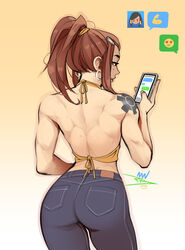  ass bare_back brigitte_(overwatch) casual cellphone commentary denim earrings emoji english_commentary female from_behind high_ponytail holding holding_cellphone holding_phone hoop_earrings jeans jewelry mike_nesbitt mole mole_on_body mole_under_eye muscle muscular_female no_bra overwatch pants pharah_(overwatch) phone shoulder_tattoo solo_focus standing tattoo text_messaging 