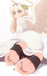  ! ? angel angel_wings aqua_eyes ass black_ribbon blonde_hair close-up cloud commentary demon english_commentary eyebrows feet female foot_focus foreshortening from_behind giant giantess hair_ornament hair_ribbon halo highres hood hood_down leaf_hair_ornament light_blush long_hair no_shoes original raps_(yohomeboyraps) ribbon robe simple_background soles toeless_footwear toes white_robe wings 