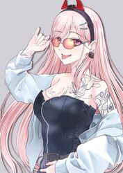  adjusting_eyewear arm_tattoo bare_shoulders belt black_belt black_corset black_hairband blue_skirt breast_tattoo breasts cleavage clothes_pull collarbone commission corset earrings female girls&#039;_frontline grey_background hair_ornament hairband hairclip hand_on_eyewear hand_on_own_stomach highres jewelry long_hair long_sleeves looking_at_viewer medium_breasts mole mole_under_eye neck_tattoo oerba_yun_fang open_clothes open_mouth open_shirt pink_hair purple_eyes red-tinted_eyewear shirt shirt_pull sig_mcx_(girls&#039;_frontline) skeb_commission skirt smile solo sorayan_03 spade_(shape) spade_earrings sunglasses tattoo tinted_eyewear tongue tongue_out upper_body white_shirt 