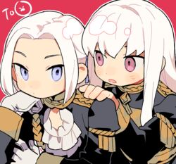  2girls blush cape closed_mouth d.y.x. edelgard_von_hresvelg fire_emblem fire_emblem:_three_houses garreg_mach_monastery_uniform gloves hair_ornament hair_ribbon long_hair long_sleeves lysithea_von_ordelia multiple_girls pink_eyes purple_eyes ribbon simple_background uniform upper_body white_background white_hair 