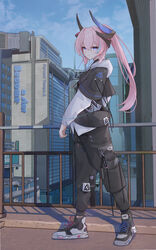  absurdres black_footwear black_jacket black_pants blue_eyes blue_sky building city closed_mouth cloud cloudy_sky day female full_body hair_between_eyes highres honkai_(series) honkai_impact_3rd hood hoodie jacket long_hair long_sleeves looking_at_viewer md5_mismatch outdoors pants pink_hair rozaliya_olenyeva rozaliya_olenyeva_(fervent_tempo) shadow shoes sky smile sneakers solo twintails walking white_hoodie wood_cube 