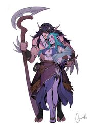  1boy arm_up artist_name belt black_hair black_skirt breasts brown_belt colored_skin elf facial_tattoo female fingernails gianne_van_der_berg green_hair grin highres holding holding_scythe hug hug_from_behind jewelry large_breasts long_hair muscular muscular_male necklace night_elf_(warcraft) orange_eyes pointy_ears pouch purple_skin ring sandals scythe sharp_fingernails skirt smile tattoo teeth warcraft world_of_warcraft 