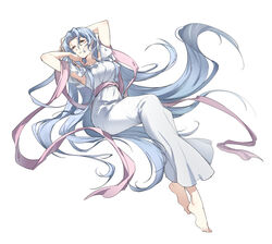  absurdres ancient_ys_vanished arm_behind_head armpits arms_up barefoot blue_eyes blue_hair dress eien_galaxy_ko feena_(ys) female floating_hair frilled_dress frills full_body highres long_hair looking_at_viewer parted_lips simple_background sleeveless sleeveless_dress solo very_long_hair white_background white_dress ys 