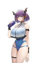  :d absurdres alternate_costume animal_ears arknights arm_strap bare_shoulders blue_one-piece_swimsuit blush bottle breasts casual_one-piece_swimsuit covered_navel cow_ears cow_horns cowboy_shot crop_top crop_top_overhang female genera-x highres holding holding_bottle horns large_breasts one-piece_swimsuit parted_lips purple_hair short_hair sideroca_(arknights) simple_background smile solo swimsuit thigh_strap white_background yellow_eyes 