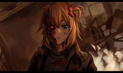  absurdres akai_haato blonde_hair blue_eyes cosplay dark female fire hair_ornament hair_ribbon heart heart_hair_ornament highres hololive injury jacket leather leather_jacket letterboxed long_hair looking_at_viewer mechanical_ears mechanical_parts one_side_up open_mouth parody red_eyes ribbon scene_reference solo t-800 t-800_(cosplay) terminator_(series) virtual_youtuber yato_(yama0x1) 