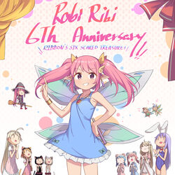  6+girls anniversary ashuri_(rabi-ribi) bare_arms bare_shoulders blue_dress bracelet chibi chocolate_(rabi_ribi) cocoa_(rabi_ribi) commentary copyright_name dress earrings english_commentary english_text erina_(rabi-ribi) fairy_wings flute frilled_dress frills grin hair_ornament hairclip hand_on_own_hip highres instrument jewelry lilli_(rabi-ribi) long_hair looking_at_viewer miriam_(rabi_ribi) multiple_girls necklace nieve_(rabi_ribi) nixie_(rabi_ribi) official_art pink_eyes pink_hair pixie_(rabi-ribi) pointy_ears rabi-ribi ribbon_(rabi-ribi) ring rumi_(rabi_ribi) saiste sleeveless sleeveless_dress smile twintails vanilla_(rabi_ribi) wing_hair_ornament wings |_| 