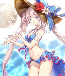  :d bad_id bad_pixiv_id ball beachball bikini blonde_hair blue_bikini blue_eyes bow breasts cleavage collarbone commentary cowboy_shot fate/grand_order fate_(series) female flower hat hat_bow hat_flower hibiscus highres jewelry koshika_rina long_hair looking_at_viewer marie_antoinette_(fate) marie_antoinette_(swimsuit_caster)_(fate) marie_antoinette_(swimsuit_caster)_(third_ascension)_(fate) medium_breasts necklace open_mouth sidelocks smile solo stomach sun_hat swimsuit twintails very_long_hair water watermark 