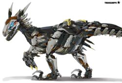  2022 ambiguous_gender blue_eyes claws clawstrider digital_media_(artwork) dinosaur extinct feral hdmi hi_res horizon_(series) looking_at_viewer machine mecha prehistoric_species rear_view reptile robot scalie simple_background solo sony_corporation sony_interactive_entertainment standing truegrave9 white_background 