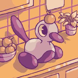  alternate_color animal_focus animated animated bird black_eyes bowl commentary cortoony english_commentary food fruit full_body indoors no_humans on_head orange_(fruit) plant pokemon pokemon_(creature) porygon2 shiny_pokemon solo tile_wall tiles 