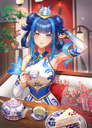  arm_up armpits blue_eyes blurry blurry_foreground blush breasts cake chibi_vanille cup detached_sleeves double_bun female food hair_bun hair_ornament hand_up highres holding holding_cup indoors lamp large_breasts league_of_legends looking_at_viewer lux_(league_of_legends) medium_hair mug open_mouth plate porcelain porcelain_lux qinghua_(porcelain) rabbit sitting smile solo sparkle tea 