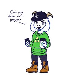  2020 anthro asriel_dreemurr baseball_cap black_bottomwear black_clothing black_eyes black_pants boots boss_monster_(undertale) bottomwear bovid bovid_horn brown_boots brown_clothing brown_footwear caprine caprine_horn cellphone clothed clothing coffee_cup container crackers cup curved_horn dialogue electronics english_text floppy_ears footwear fully_clothed fur green_clothing green_hoodie green_topwear hat headgear headwear holding_cellphone holding_container holding_cup holding_object holding_phone hoodie horn lol_comments looking_at_viewer male mammal meme mlb new_era new_york_yankees nintendo open_mouth open_smile pants phone pogchamp ram_horn simple_background smartphone smile solo standing starbucks talking_to_viewer text text_on_clothing text_on_hat text_on_headwear the_legend_of_zelda timberland topwear triforce undertale undertale_(series) white_background white_body white_fur young 