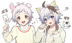  2boys ahoge animal animal_ear_fluff animal_ears blue_eyes blush bug butterfly canine cat_boy cat_ears commentary_request dog_boy dog_ears feline hood hood_down jacket long_sleeves looking_at_viewer male_focus multicolored_hair multiple_boys oerba_yun_fang okamoto_tama open_mouth paw_print pochi_(t&amp;f) simple_background streaked_hair sweater tama_&amp;_friends tama_(t&amp;f) uchitama?! upper_body white_background white_hair yamada_pochi yellow_eyes yoruhachi 