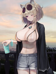  absurdres animal_ear_fluff animal_ears arknights bikini bikini_top_only black_jacket blonde_hair blue_nails blue_shorts blush breasts commentary covered_nipples cowboy_shot denim denim_shorts eyewear_on_head female hair_ornament hairclip highres huge_breasts jacket jewelry looking_at_viewer midriff navel necklace no_shirt official_alternate_costume one_eye_closed open_clothes open_jacket outdoors purple_eyes railing short_hair shorts solo stomach striped_bikini striped_clothes sunglasses swimsuit swimsuit_cover-up timitarcat utage_(arknights) utage_(summer_flowers)_(arknights) wristband x_hair_ornament 