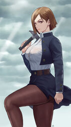  belt blue_skirt bra_visible_through_clothes breasts brown_eyes brown_hair button_gap cloud cloudy_sky cropped_jacket determined female hammer high-waist_skirt highres jujutsu_kaisen jujutsu_tech_uniform kugisaki_nobara large_breasts looking_at_viewer pantyhose school_uniform shirt short_hair skirt sky socks solo thighs white_shirt zefrableu 