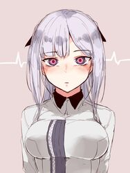  ak-12_(girls&#039;_frontline) blush breasts cardiogram female girls&#039;_frontline glowing glowing_eyes grey_hair heartbeat highres hourai_kochou large_breasts long_hair looking_at_viewer open_mouth purple_eyes shirt solo unusually_open_eyes wide-eyed 