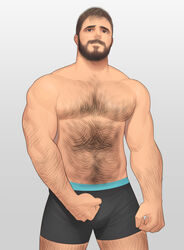  1boy abs arm_hair bad_id bad_pixiv_id bara beard black_male_underwear boxers bulge chest_hair facial_hair feet_out_of_frame hairy highres hunterkay large_pectorals leg_hair male_focus male_underwear mature_male muscular muscular_male navel navel_hair original pectorals short_hair solo stomach thighs topless_male underwear underwear_only 